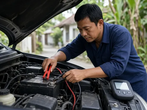 Mekanik memasang kabel jumper merah dan hitam ke aki mobil untuk cas aki